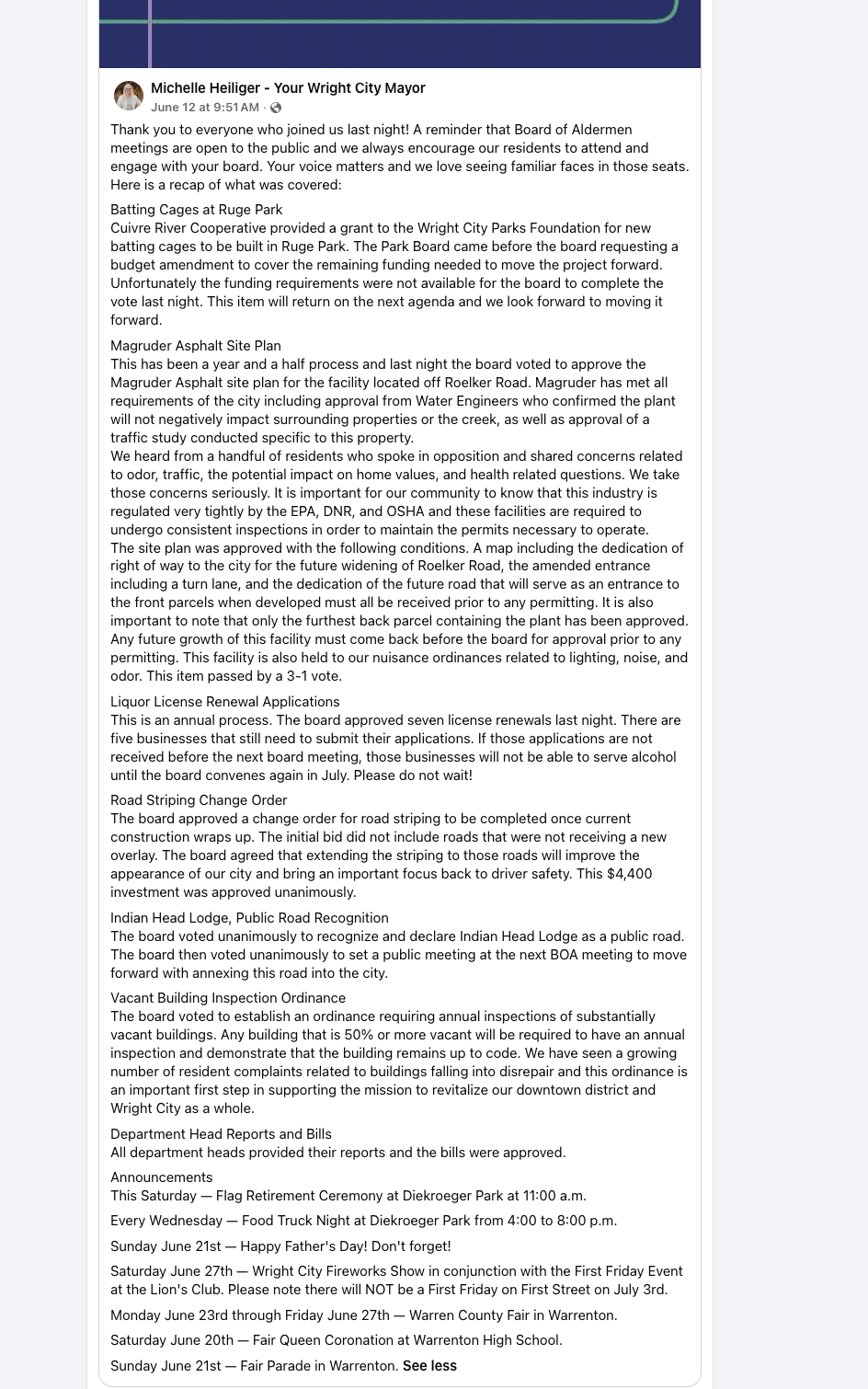 Mayor's official June 12, 2026 meeting recap post